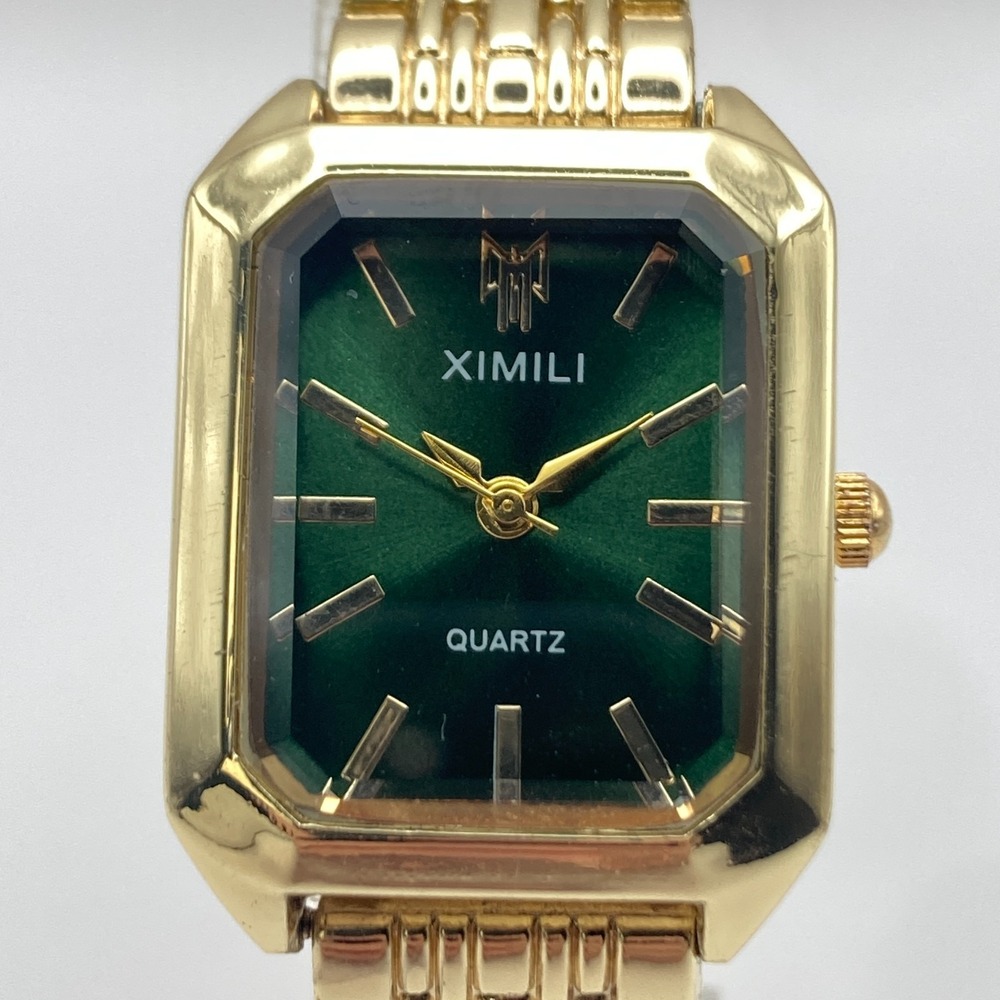 Ximili Women's Watch Gold Tone Green Dial Faceted Crystal Tank New Battery 7.5"